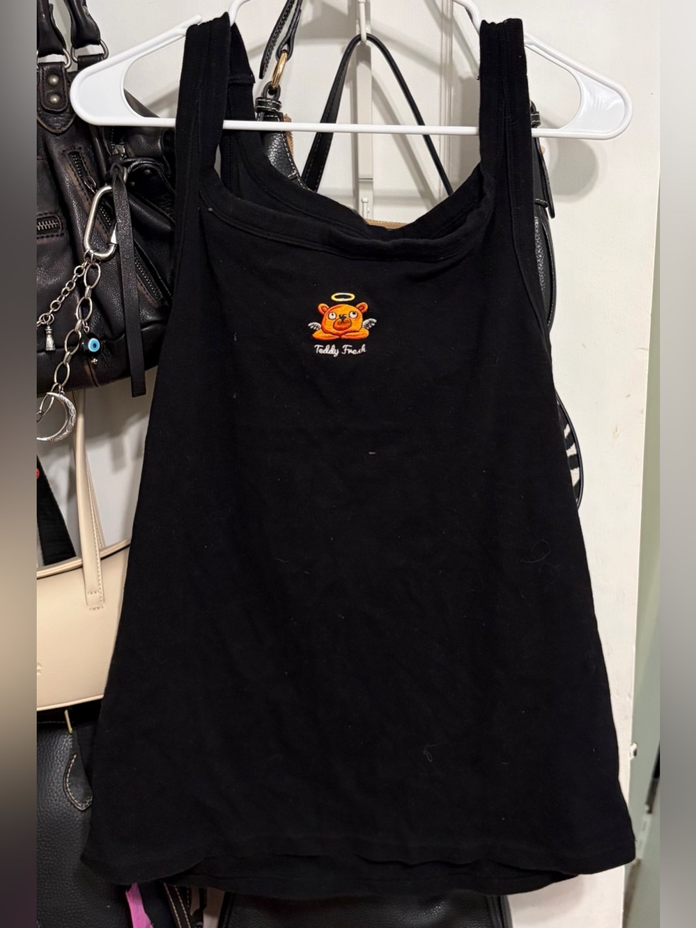 Teddy Fresh Black Tank Top with Embroidered Orange Bear